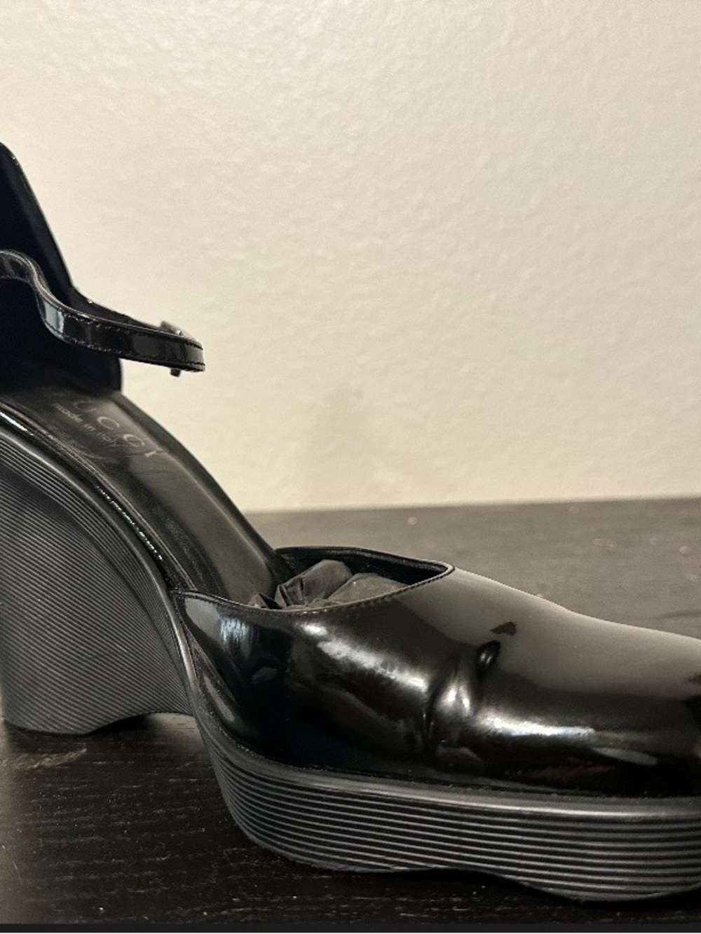 Gucci Black Patent Leather Wedge Mary-Ankle Strap Shoes - Picture 2 of 6